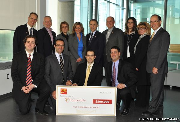 Several people gathered to celebrate the CIBC donation toward supporting student success (from left front row): Associate, Corporate Credit Products, CIBC Wholesale Banking Jeremy Levy; Executive Director, Investment Banking, CIBC Wholesale Banking Patrick Ghoche; Associate, Corporate Credit Products, CIBC Wholesale Banking Jonathan Allender; Associate, CIBC Commercial Banking Patrick Cunningham. (Back row from left): Associate Vice-President, Montreal Center and East District, CIBC Retail Markets Daniel Poudrier; General Manager, Risk Management CIBC Dennis McCaughan; Manager, CIBC Sherbrooke and Metcalfe Banking Center, CIBC Retail Markets Louise Leduc; General Manager, Montreal Center and East District, CIBC Retail Markets Maguy Mourad; Senior Vice-President, Retail Distribution, Eastern Canada Sylvain Vinet; Vice-President, Retail Market, Quebec Michel Cantin; Associate, CIBC Business Banking Lina Ghandour; General Manager, Montreal West District, CIBC Retail Markets Jacqueline McGowan; Vice-President, CIBC Commercial Banking, Quebec Robert Lorange.